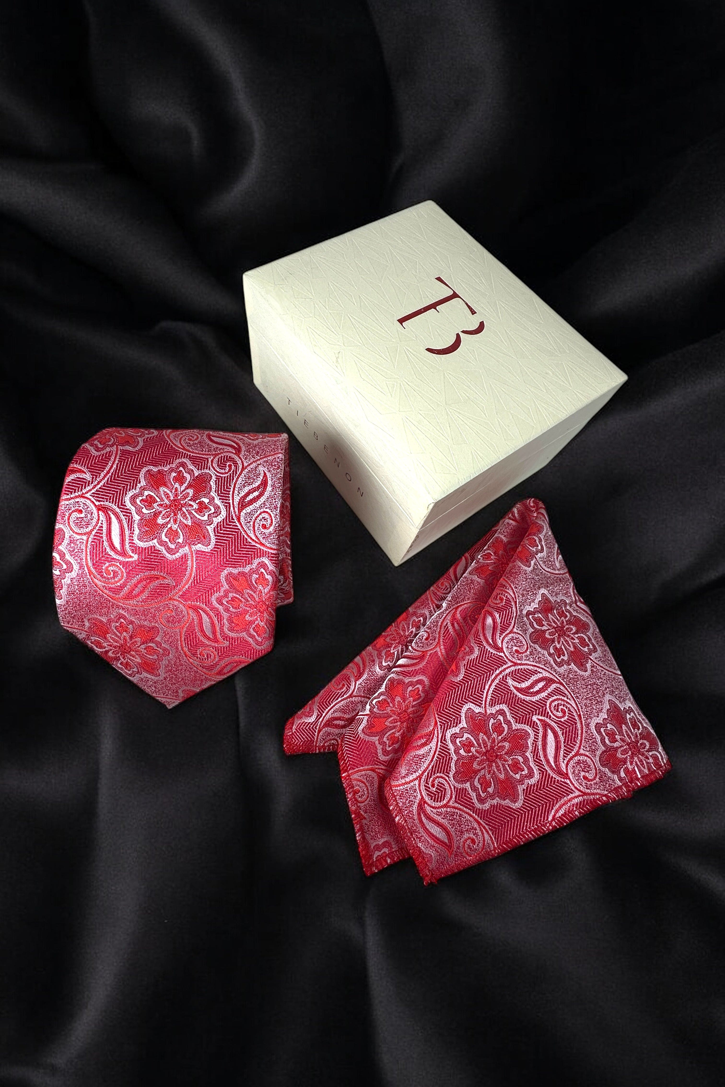 Tie Benon Red Paisley Tie with Pocket Square – Premium Microfiber