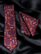 Tie Benon Venetian Red Paisley Tie with Pocket Square – Premium Microfiber
