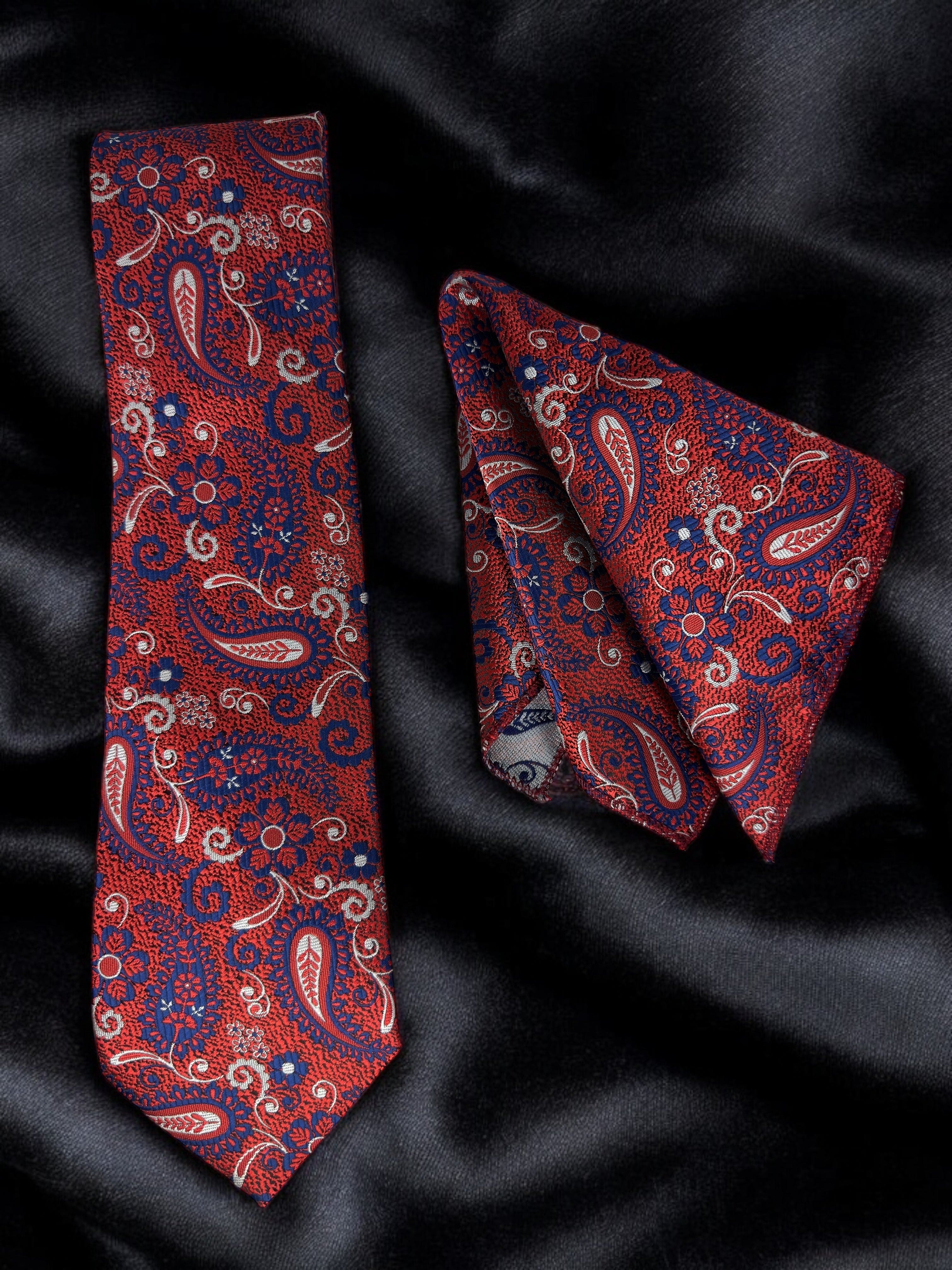 Tie Benon Venetian Red Paisley Tie with Pocket Square – Premium Microfiber