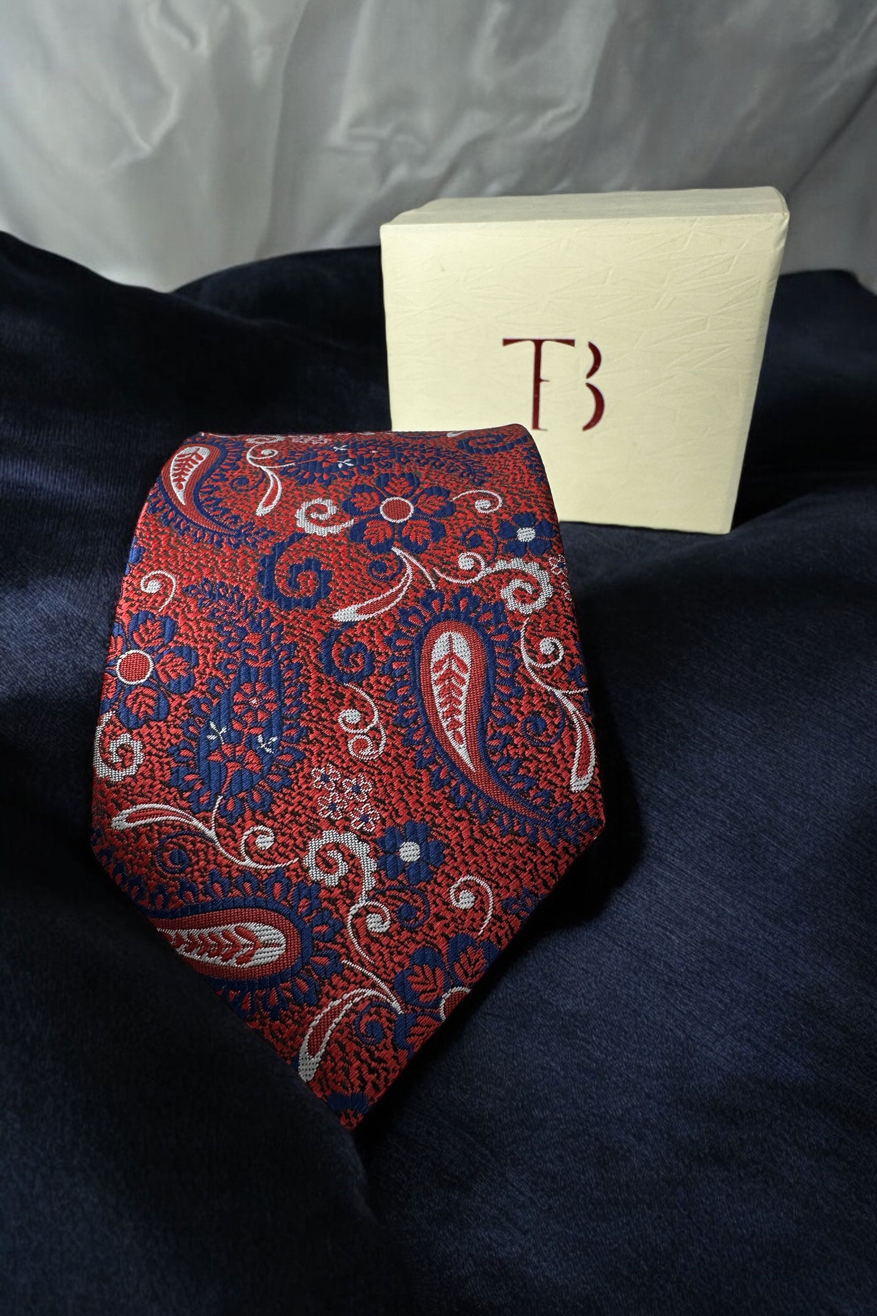 Tie Benon Venetian Red Paisley Tie with Pocket Square – Premium Microfiber