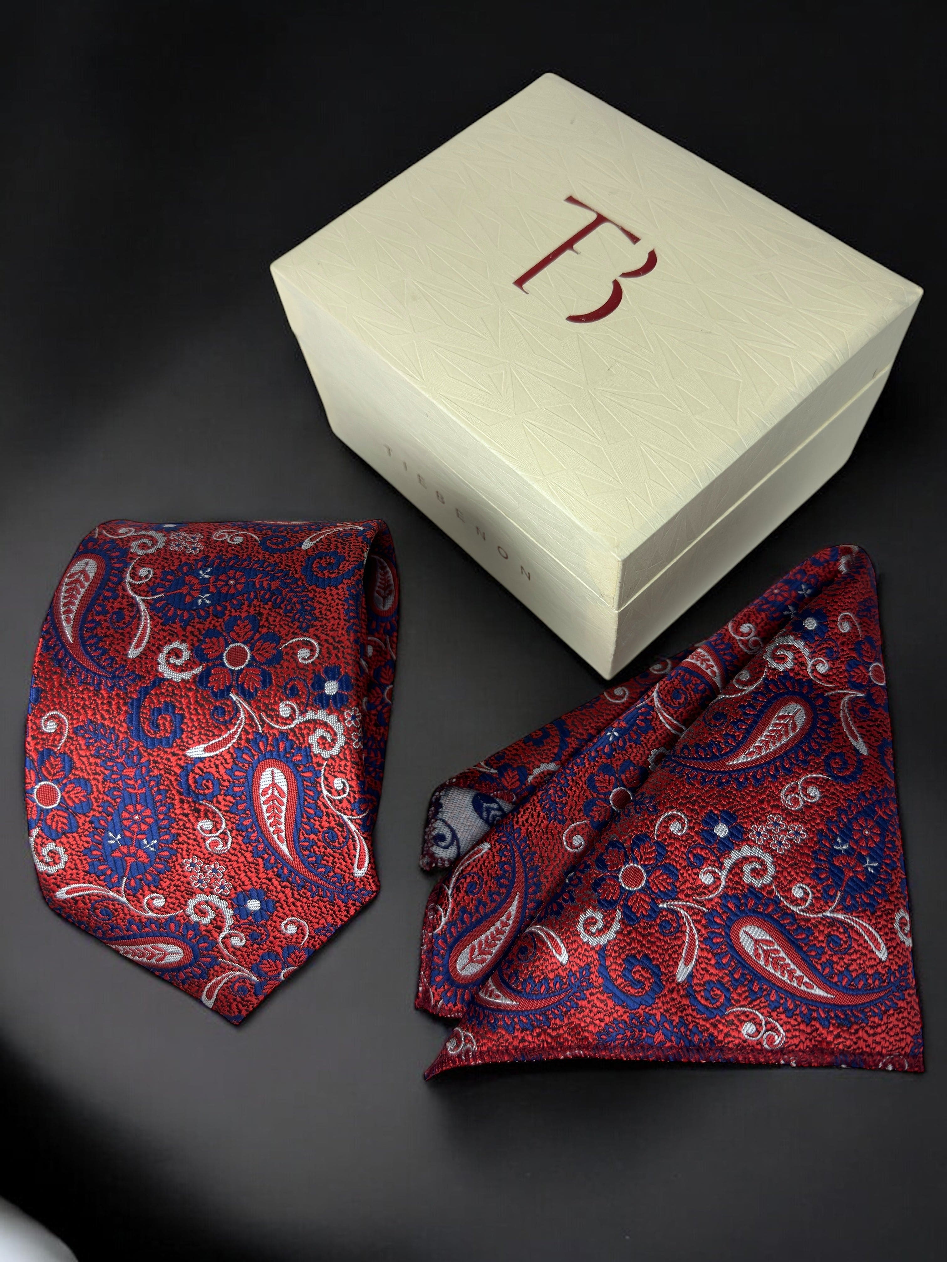 Tie Benon Venetian Red Paisley Tie with Pocket Square – Premium Microfiber