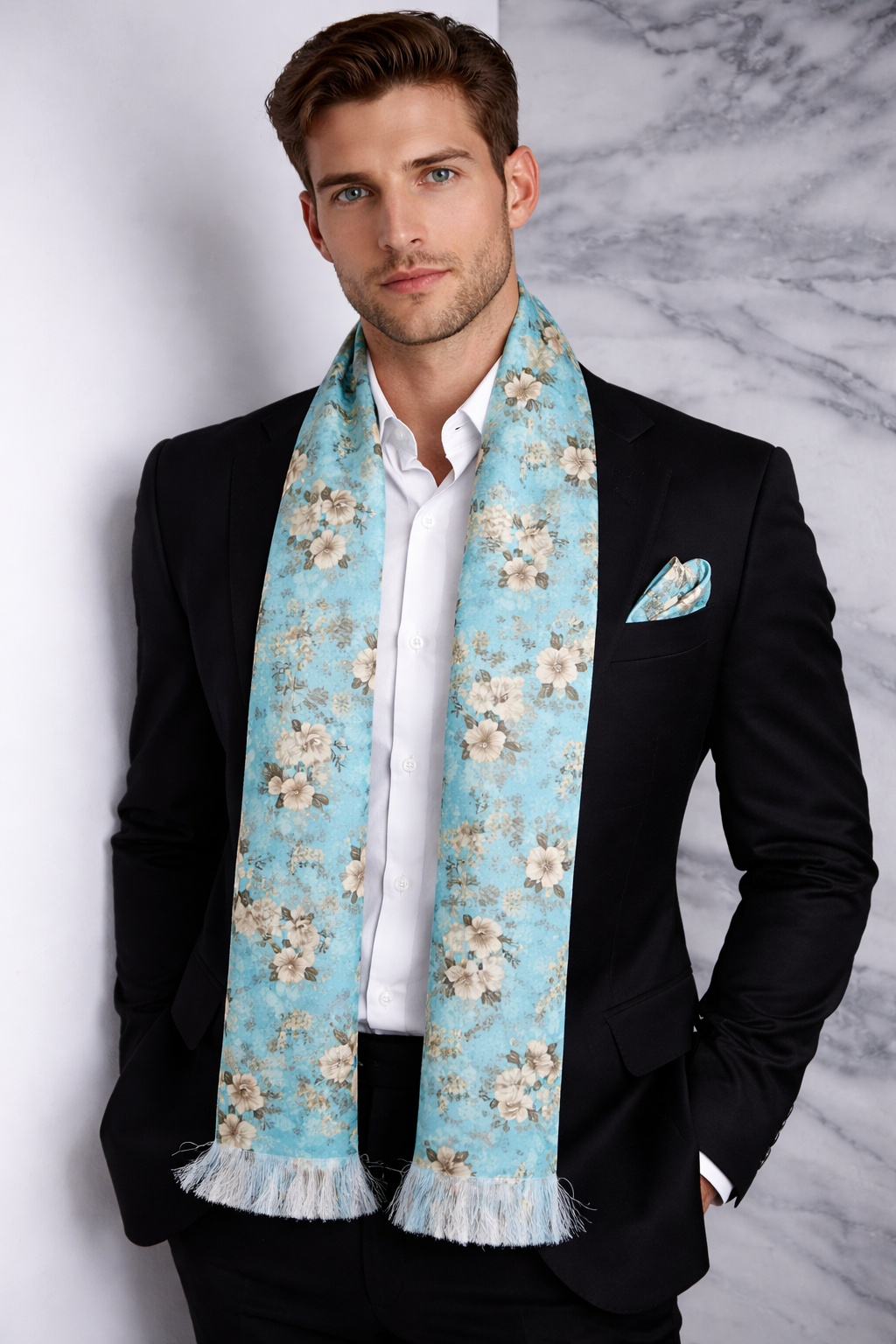 Aqua Blue Floral Printed Scarf With Pocket Square