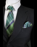 Green plaid tie and pocket square on a black suit jacket Tie Benon