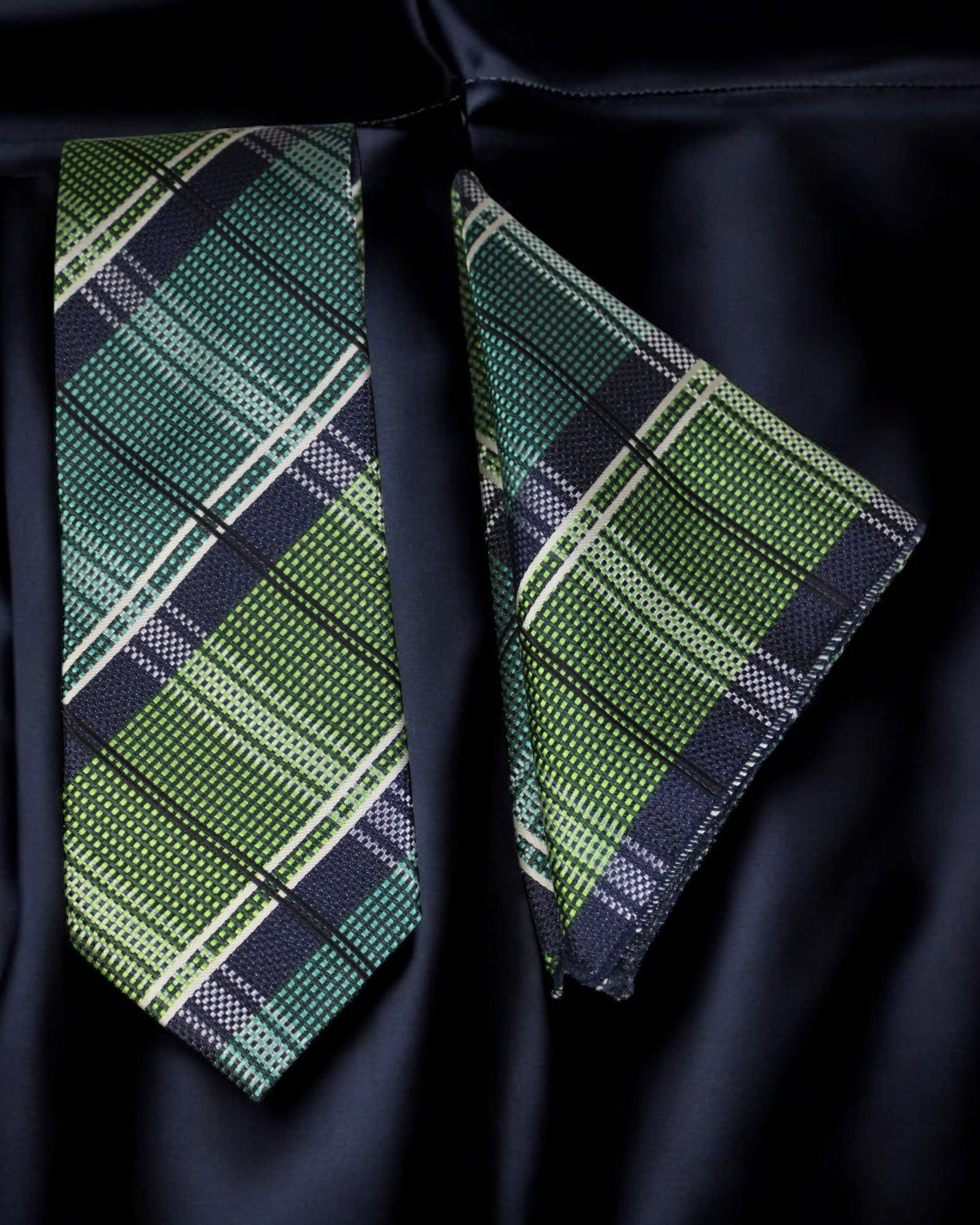 Green plaid tie on a black shirt Tie Benon