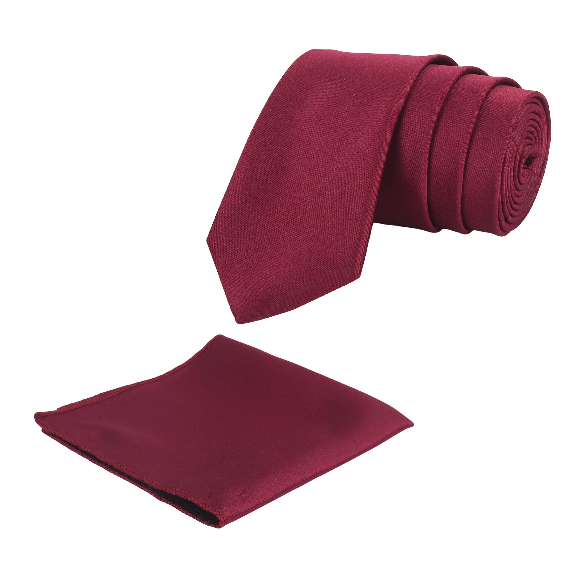 A solid burgundy necktie with a matching pocket square, displayed in a rolled-up configuration.