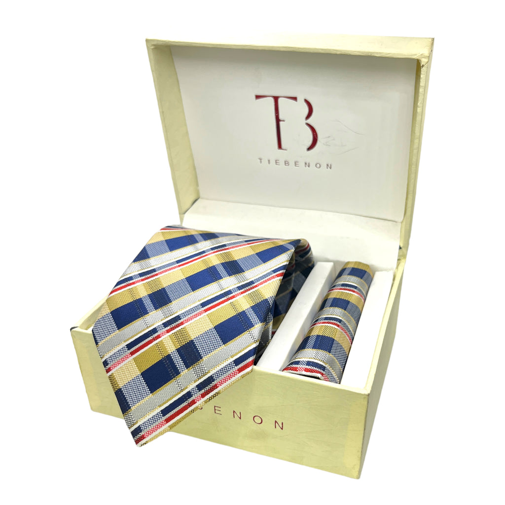A set of yellow checkered tie and pocket square combo by Tie Benon, displayed in an open white box with gold interior. The tie is visible at the top, and the pocket square is placed beside it.