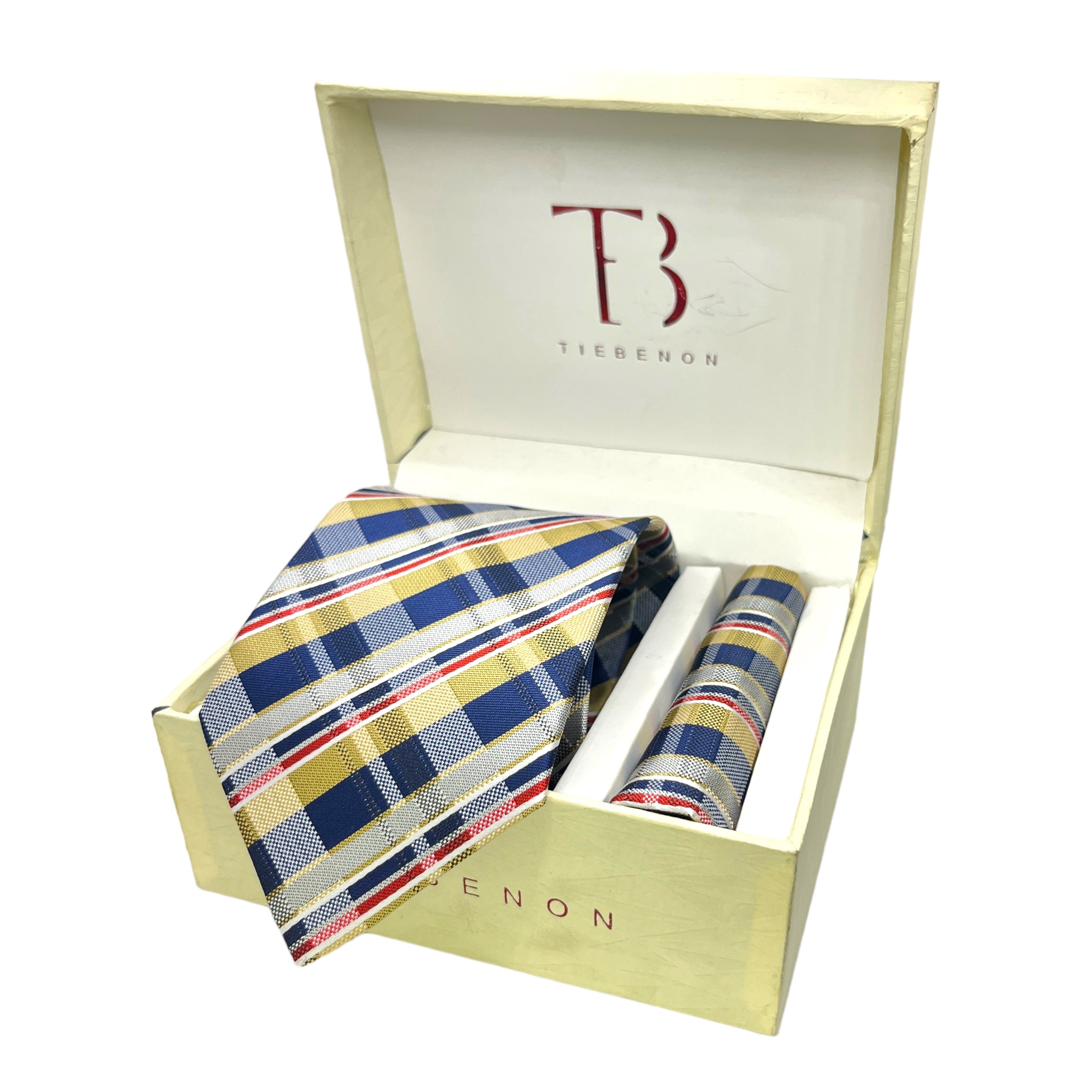 A set of yellow checkered tie and pocket square combo by Tie Benon, displayed in an open white box with gold interior. The tie is visible at the top, and the pocket square is placed beside it.