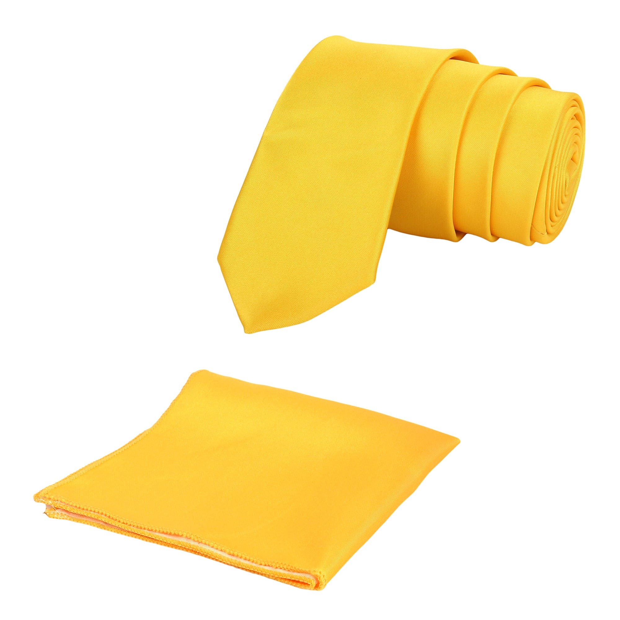 A solid yellow necktie with a matching pocket square, displayed on a white background.