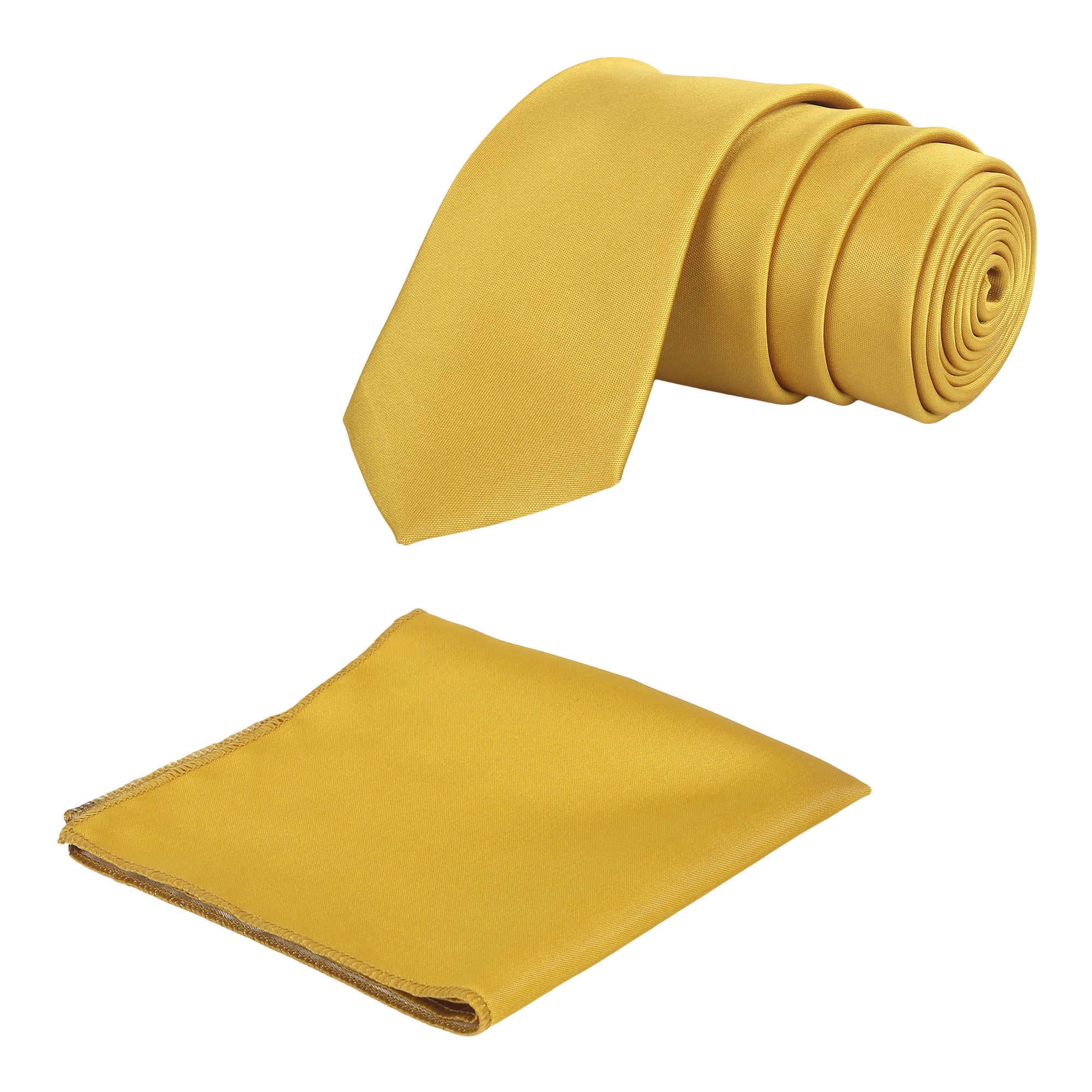 A solid yellow necktie with a matching pocket square, displayed on a white background.