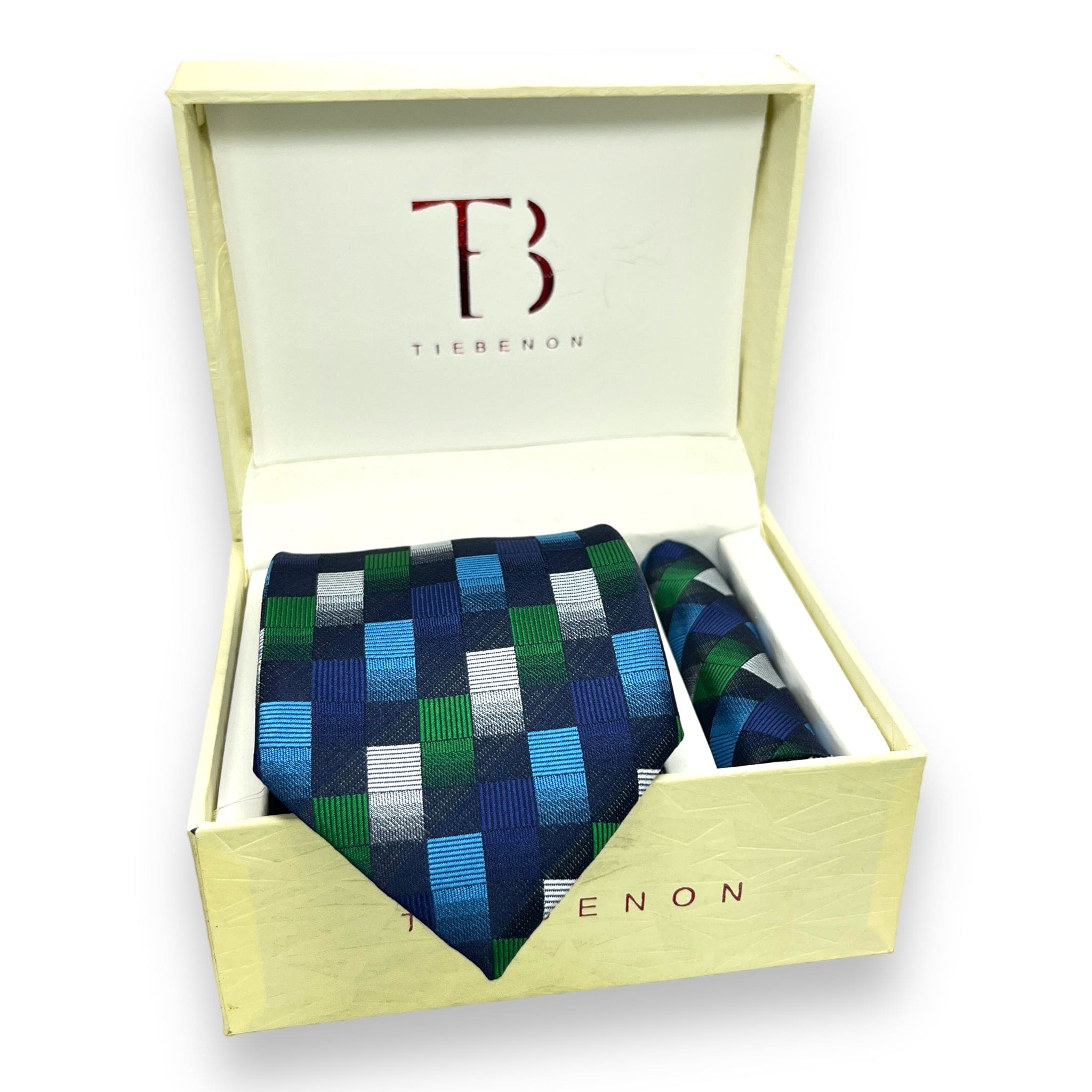 A set of two blue geometric patterned neckties in a wooden box with a branded label.