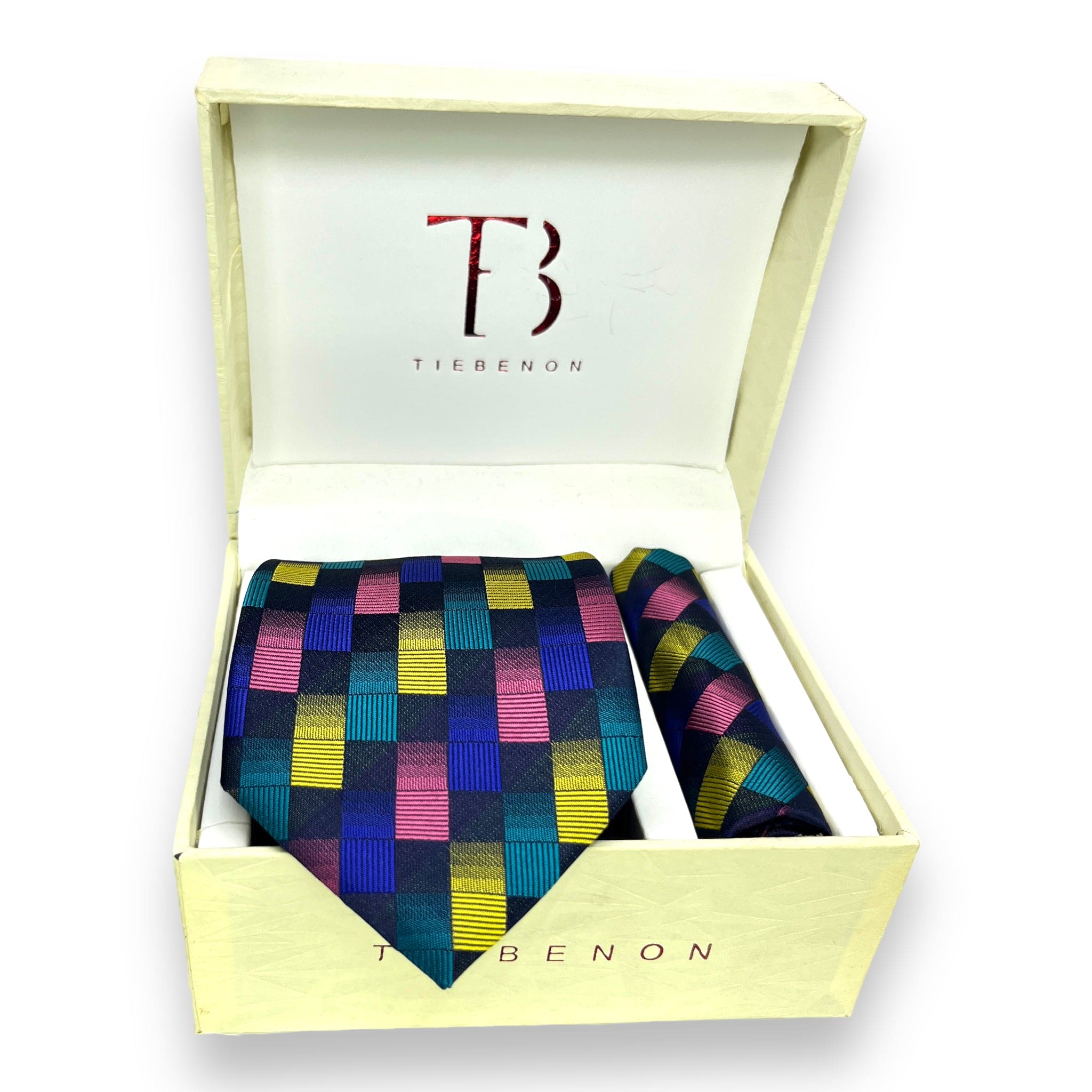 A multicolor geometric patterned tie combo by Tie Benon, presented in an open white box with the brand's logo on the top and the tie visible inside.
