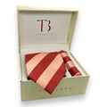 A striped necktie with peach and rust colors, presented in an open wooden box with the brand 'Tie Benon' visible on the interior lid.