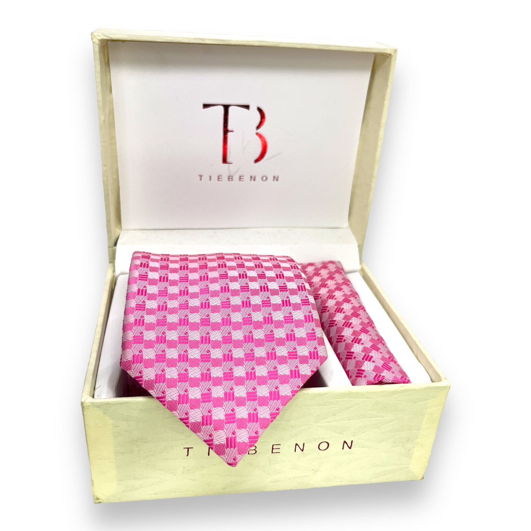 A pair of pink self-tie neckties presented in an open white box with the brand name 'Tie Benon' on the inside of the lid.