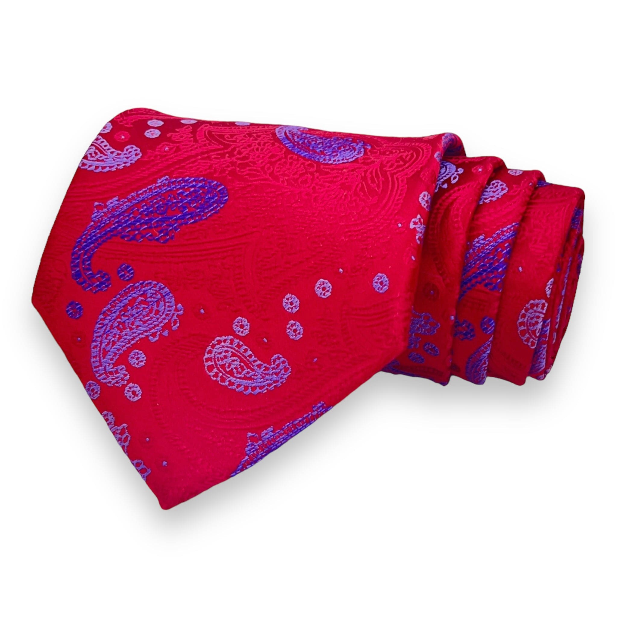 A set of red and blue paisley patterned neckties.