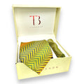 A multicolor geometric patterned tie combo by Tie Benon, displayed in an open white box with the brand's logo.