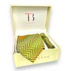 A multicolor geometric patterned tie combo by Tie Benon, displayed in an open white box with the brand's logo.