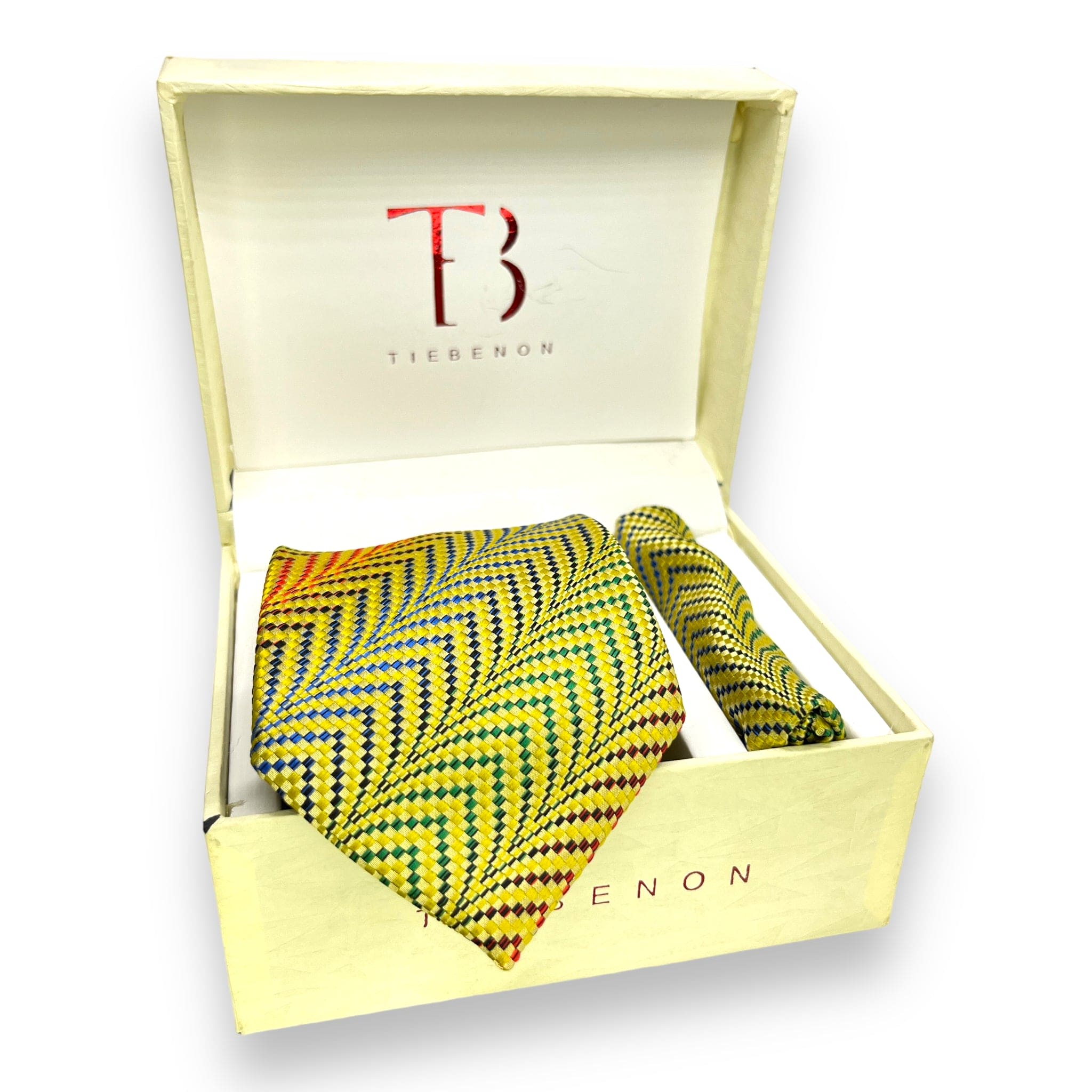 A multicolor geometric patterned tie combo by Tie Benon, displayed in an open white box with the brand's logo.